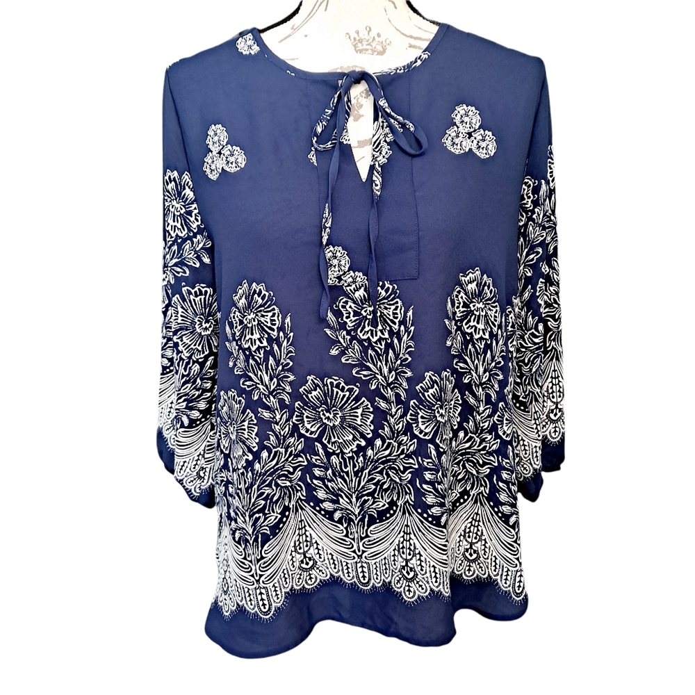 Women's floral navy blue white boho lightweight peasant blouse top